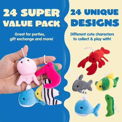 Mini Sea Animal Plush Toys Bulk 24 Pack – Stuffed Ocean Animal Keychain Set for Party Favors, Pinata Fillers, Goodie Bag Stuffers, Easter Basket Fillers, Classroom Prizes, Birthday Christmas Gifts for Kids