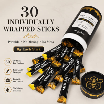 Shilajit Honey Sticks with Saffron, 85+ Trace Minerals & 75% Fulvic Acid – Natural Energy, Focus & Vitality Supplement for Women & Men, 30 Individually Wrapped Sticks