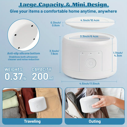 Electric Ultrasonic Cleaner Machine for Dentures Jewelry & Glasses — USB Rechargeable 3 Speeds Auto Timer 180ml Tank One-Touch Portable Dental Cleaning Device for Home & Travel