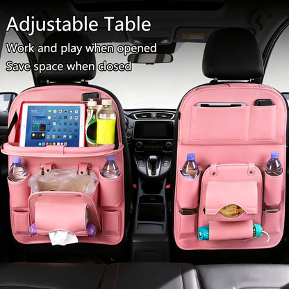 Car Back Seat Organizer with Foldable Tray – Multi-Pocket PU Hanging Storage Bag, Tissue Holder & Footrest Protector for Car Interior | Black, Beige, Brown, Grey