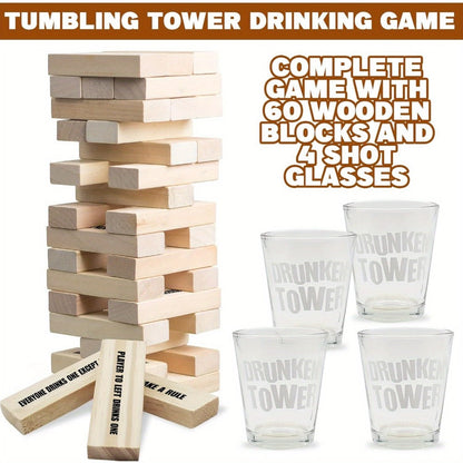 Drinking Game Tower Set 60 Wooden Challenge Blocks with 4 Glass Cups – Adult Party Game for Game Night Camping Bar Bachelorette, Funny Halloween Christmas Birthday Gift for Adults