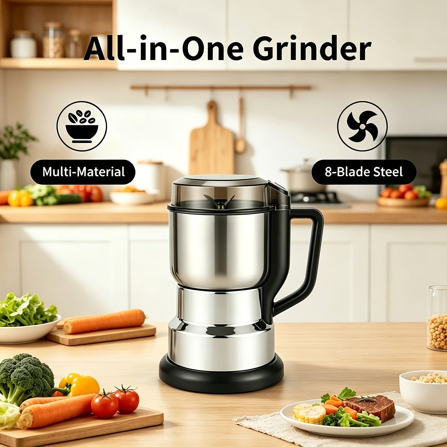 Electric Coffee Grinder 300W 25000RPM – 8-Blade Stainless Steel Spice & Grain Mill for Coffee Beans, Nuts, Spices | Home, Cafe & Camping