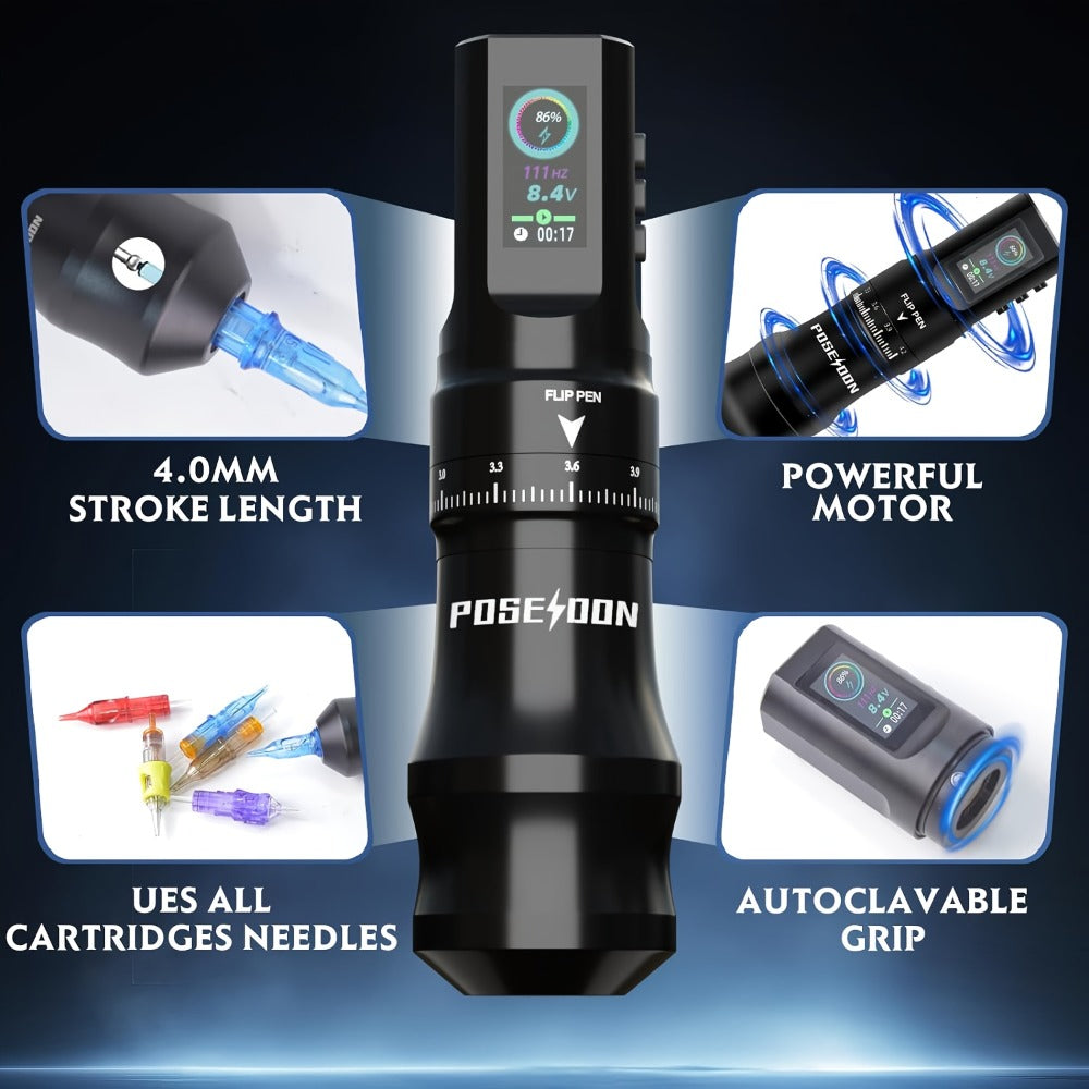Rotary Tattoo Machine Kit Complete Set TU33 LCD Color Screen 20 Cartridge Needles 11 Inks USB-C Rechargeable Wireless Tattoo Pen for Beginners Apprentices & Artists