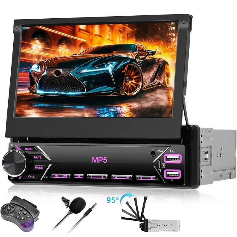Podofo Wireless Carplayer Single Din Car Stereo 7 Inch HD Flip Out Touchscreen with Wireless Car Player Android Auto, Wireless, Type-C/USB/TF/AUX, SWC, FM, Voice Control, Backup Camera