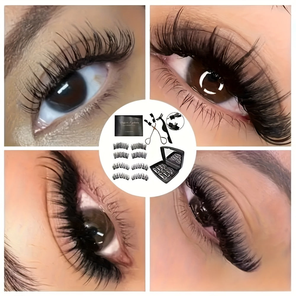3D Quantum Magnetic Lash Clusters Kit 8Pcs — No Glue False Eyelashes with Applicator Tweezers & Brush, 2 Styles Reusable Beginner-Friendly Natural Lash Set for Daily Makeup, Parties & Valentine Gift