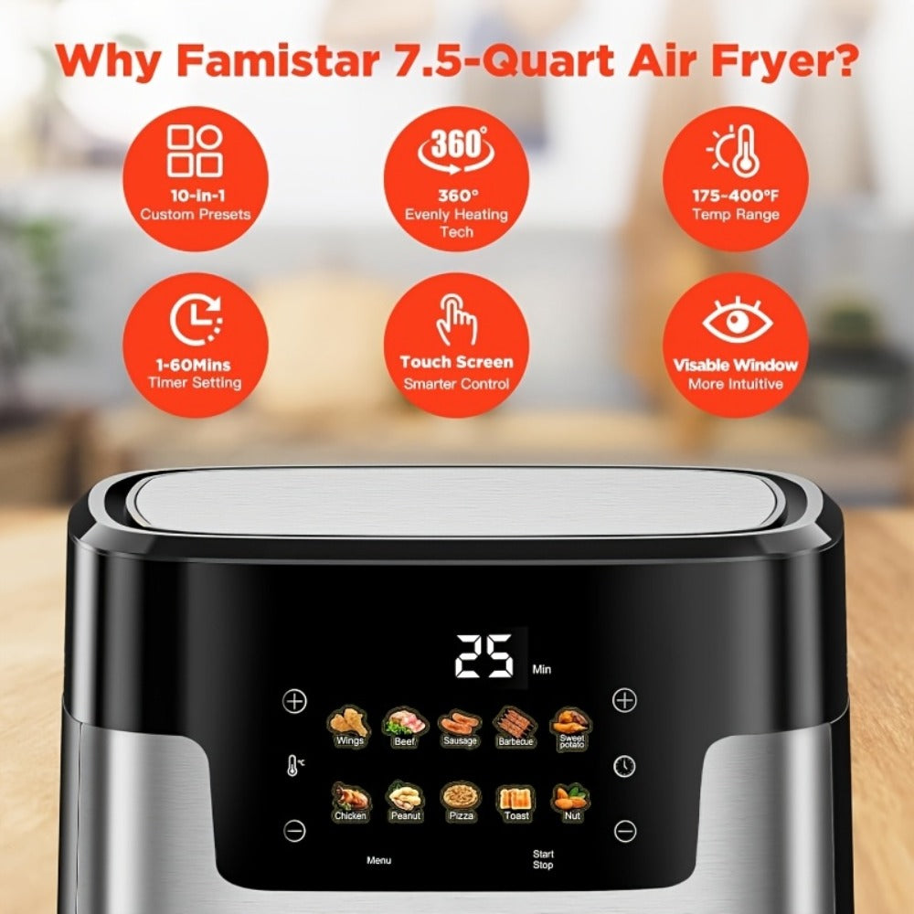 Air Fryer 7.5QT 10-in-1 Digital LED Touchscreen | Oilless Cooker with 10 Preset Cooking Modes, Dishwasher-Safe Basket & 100 Paper Liners Included – Large Capacity Family Air Fryer