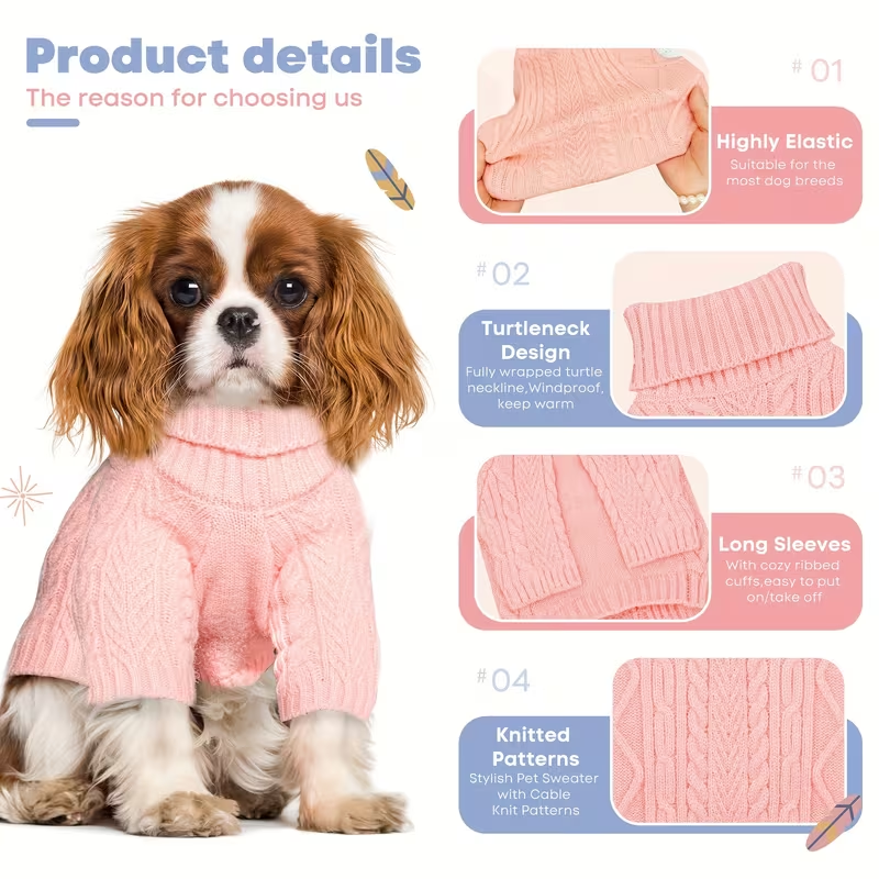 Dog Sweater Turtleneck Warm Knit Pullover with Soft Long Sleeves for Small Medium Breeds, All-Season Machine Washable Pet Sweater for Chihuahuas Bulldogs Dachshunds, Sizes XS S M L XL, Pink Violet Light Purple Light Green Greenish Yellow