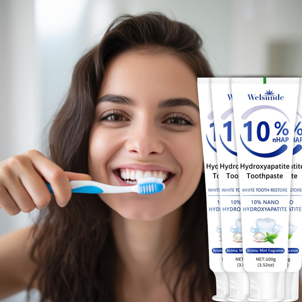 Hydroxyapatite Toothpaste 4-Pack – 10% Nano Formula with Baking Soda, Deep Cleaning & Whitening Gel, Mint Fresh Breath, Fluoride-Free Daily Oral Care for Everyone, Home & Travel Sleek Tube Design (400g)