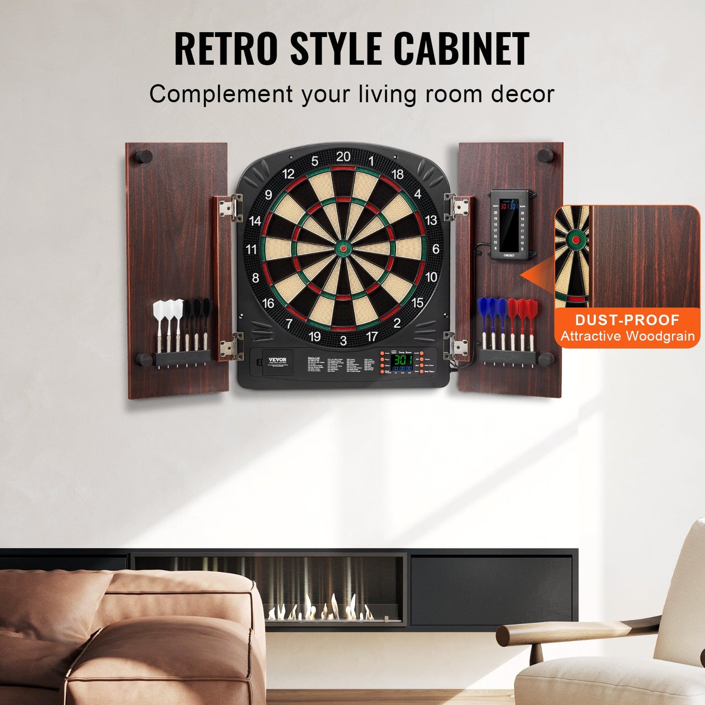 Electronic Dartboard Cabinet Set with LED Scoring – 13.5" Soft Tip, 40 Games 590 Variations, Retro Wood Cabinet, 1-8 Players, 12 Darts & All Accessories Included