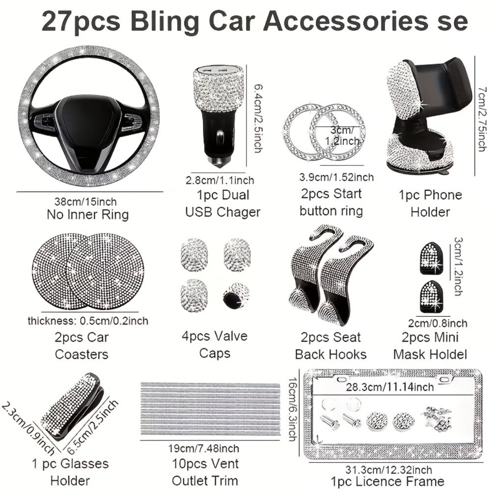 27pcs Bling Car Accessories Set for Women – Steering Wheel Cover 15", Car Coasters, License Plate Frame & Phone Holder, Glitter Interior Kit, Silver, Purple, Pink, Black, Red, Blue