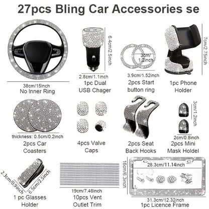27pcs Bling Car Accessories Set for Women – Steering Wheel Cover 15", Car Coasters, License Plate Frame & Phone Holder, Glitter Interior Kit, Silver, Purple, Pink, Black, Red, Blue