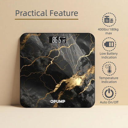 OPUMP Bathroom Scale 400lb – Highly Accurate Digital Body Weight Scale with Backlit LED Display, Batteries Included, Measures up to 400lb/180kg, Multiple Colors – Black Marble, Bronze, Sapphire & More