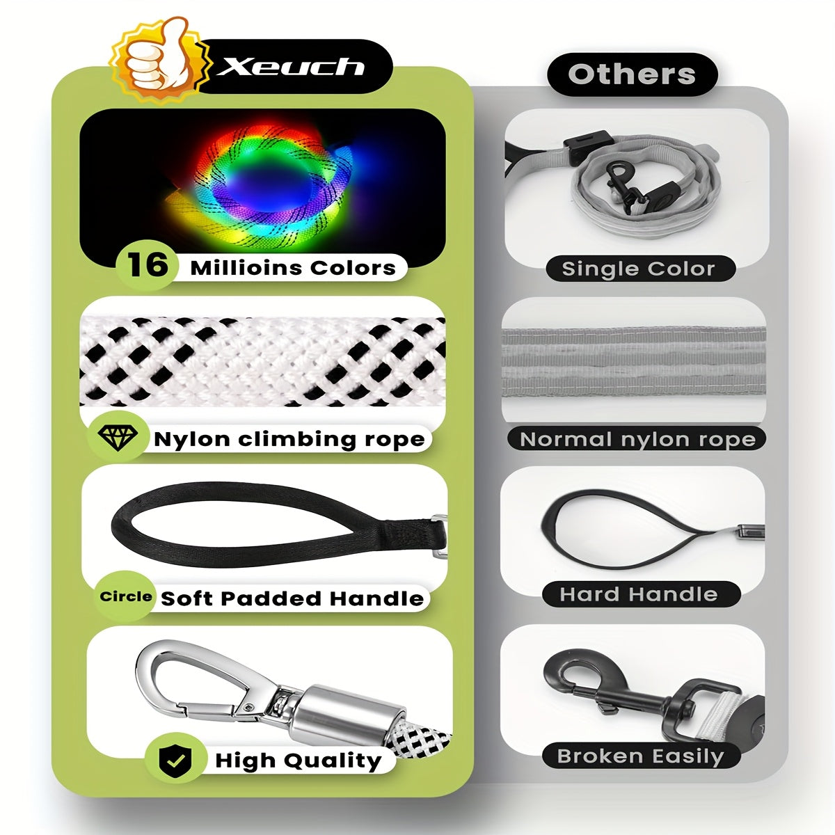 LED Dog Leash 4FT Light Up with 13 Lighting Modes & Tangle-Free Hook, Rechargeable Glow in the Dark Night Walking Leash for Small Medium Large Dogs, USB Rechargeable Pet Safety Leash