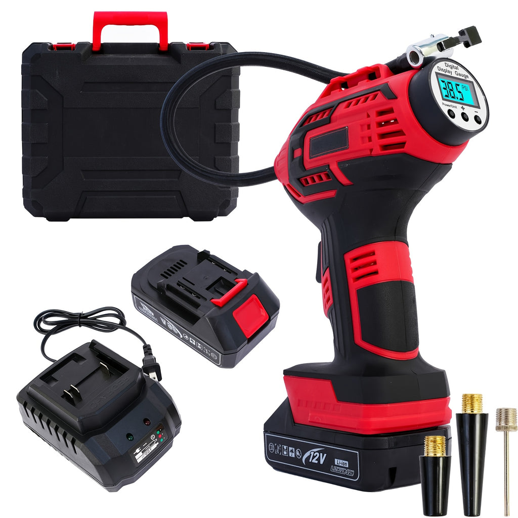 20V Portable Car Tire Inflator Pump, Air Compressor with 12V Car Adapter, Digital Display, Blow Mold Case, Suitable for Car, Motorcycle, Bicycle Tires, And Balls, Red And Yellow