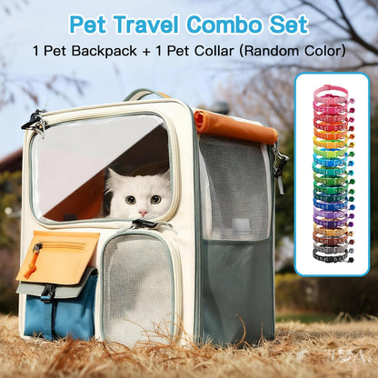 Cat Carrier Backpack with Pet Collar Set - Ventilated Breathable Travel Backpack for Cats and Dogs Under 27lbs, Spacious 11.89 Gallon Capacity, Airline-Friendly Portable Pet Bag for Outdoor Hiking