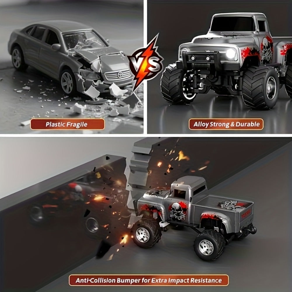 Mini Alloy RC Monster Truck 1:64 Scale 2.4GHz Off-Road Crawler with LED Lights, Street Graffiti Spray-Paint Design, White Headlights & Red Taillights – 5 Colors Kids Gift