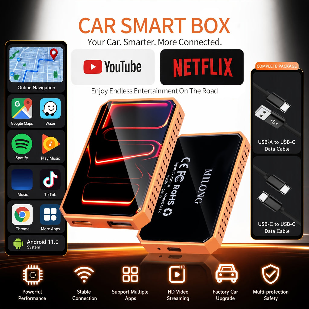3-in-1 Wireless CarPlay Multimedia Box - Stream Netflix, YouTube & TikTok, USB Media Support, Plug & Play, Compatible with Factory Wired IOS CarPlay & Android Auto.Note: Wireless CarPlay Requires IOS 10 or Later and Is Compatible with Vehicles