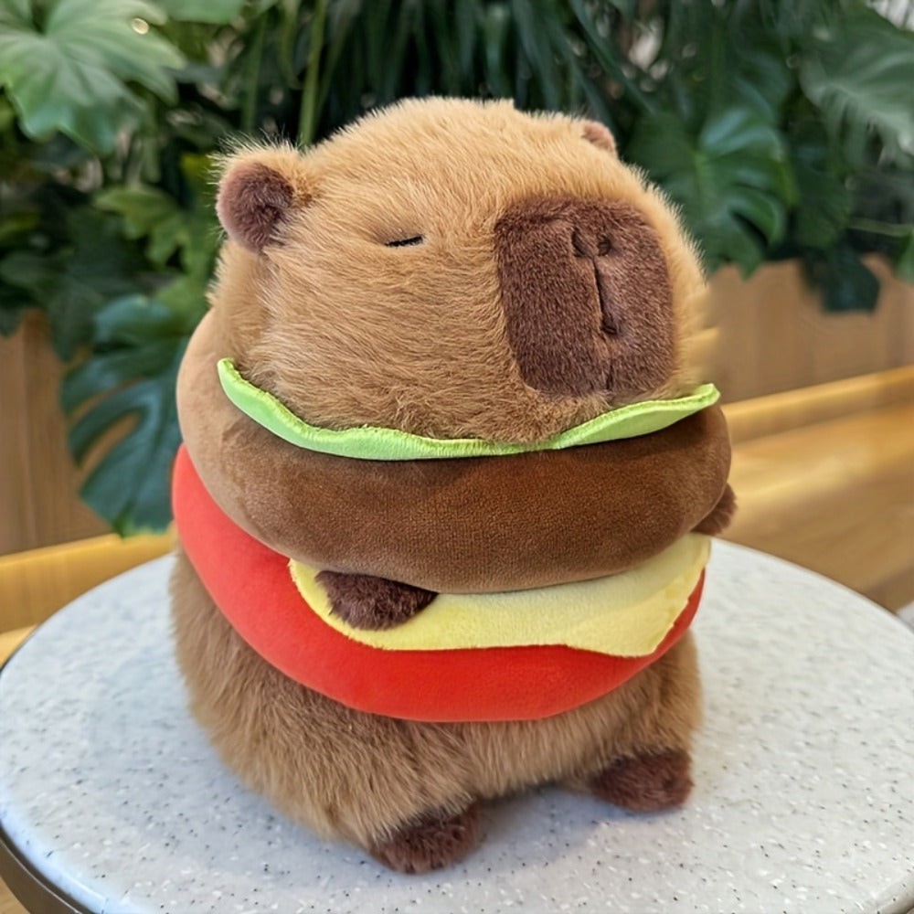 Capybara Plush Stuffed Animal Hamburger Burger Hat Funny Kawaii Soft Plush Toy Couch Pillow Doll Unique Meme Gift for Kids Teens Adults Birthday Christmas Holiday