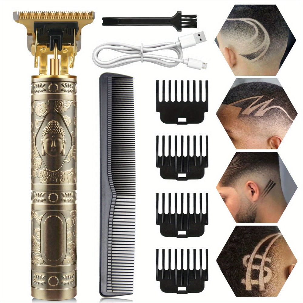 T-Blade Hair Trimmer for Men - Retro Electric Clipper, USB Rechargeable 1000mAh, 240-Min Runtime, 4 Guide Combs, Dragon & Buddha Designs, Black Bronze Blue Purple