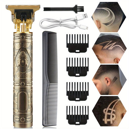 T-Blade Hair Trimmer for Men - Retro Electric Clipper, USB Rechargeable 1000mAh, 240-Min Runtime, 4 Guide Combs, Dragon & Buddha Designs, Black Bronze Blue Purple