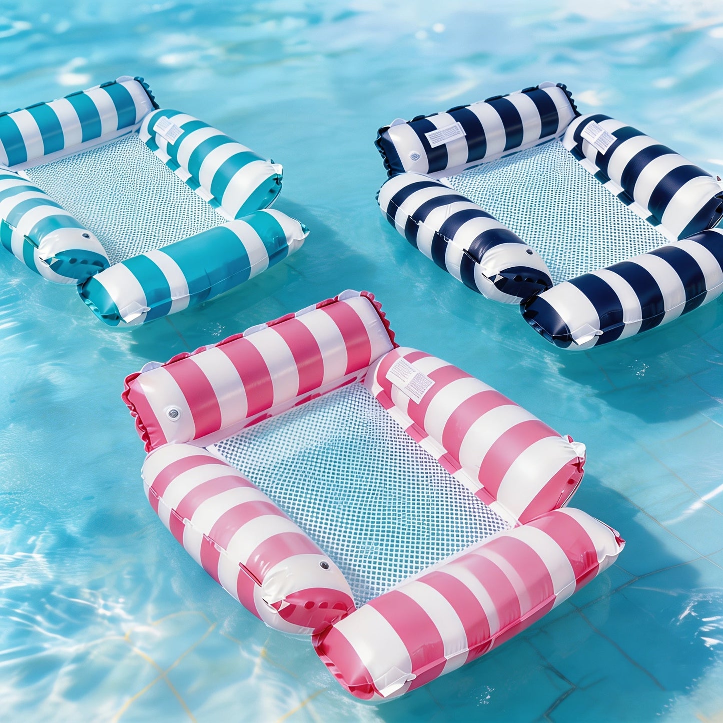 Inflatable Pool Float for Adults – Cooling Mesh Striped Swim Ring 110cm Floating Bed Chair, 2 or 3 Piece Set for Pool Beach Lake Summer Vacation