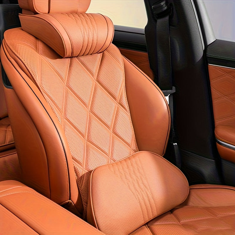 Luxury Car Neck Pillow, Napa Leather Headrest, Seat Cushion, Neck Support Pillow, Car Seat Cushion, Comfortable And Breathable, Lumbar And Neck Support, Exquisite Embroidery, Suitable for All Seasons, Car Interior Decorative Additions