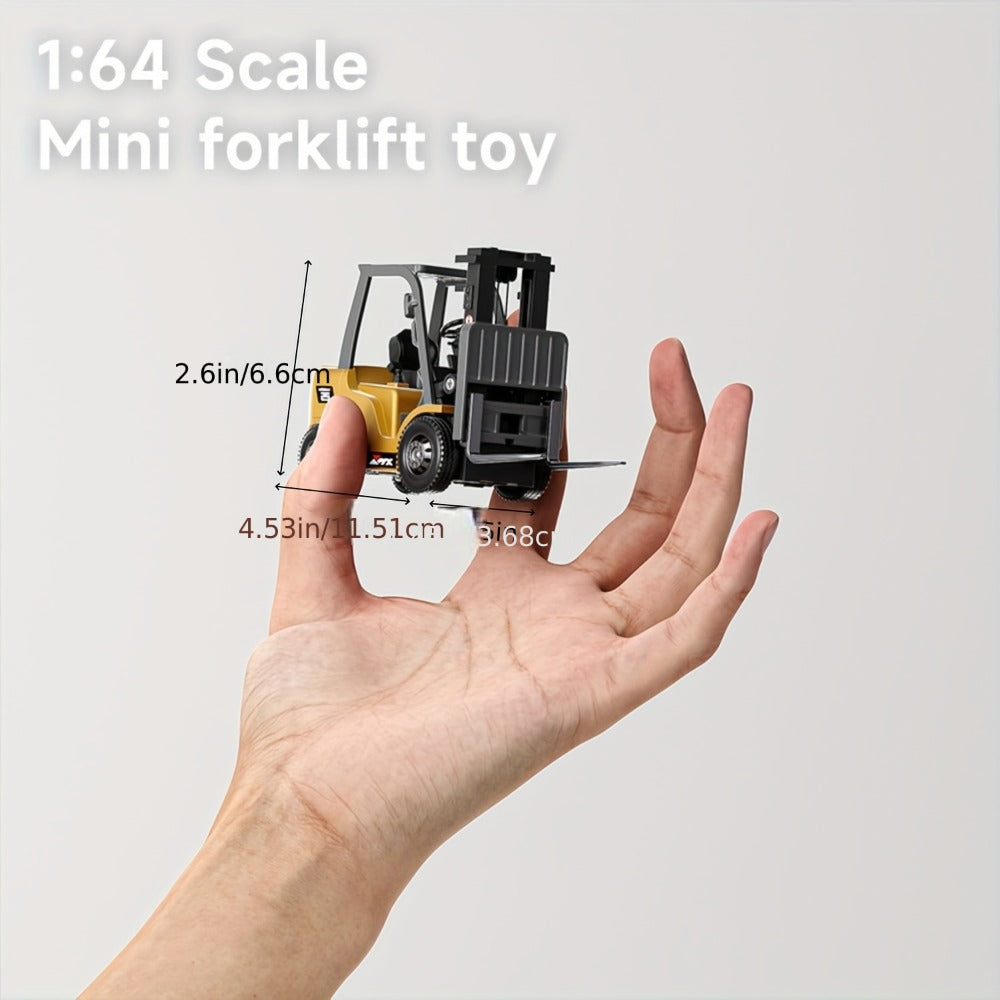 RC Forklift Toy 1/64 Scale Alloy Die Cast Remote Control Forklift Truck 7 Channel 3-in-1 Lift Fork Hook with Lights Rechargeable Kids Christmas Gift