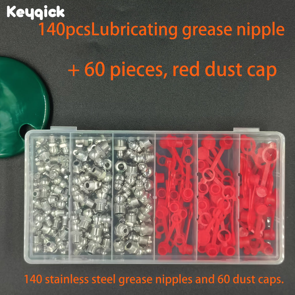 200pcs Steel Grease Nozzle Set - M6, M8, M10 Thread Types, Straight And Elbow Grease Nozzle Connectors for Machinery, Hex Bolt Head 45° 90° 180°, with Red Dust Caps