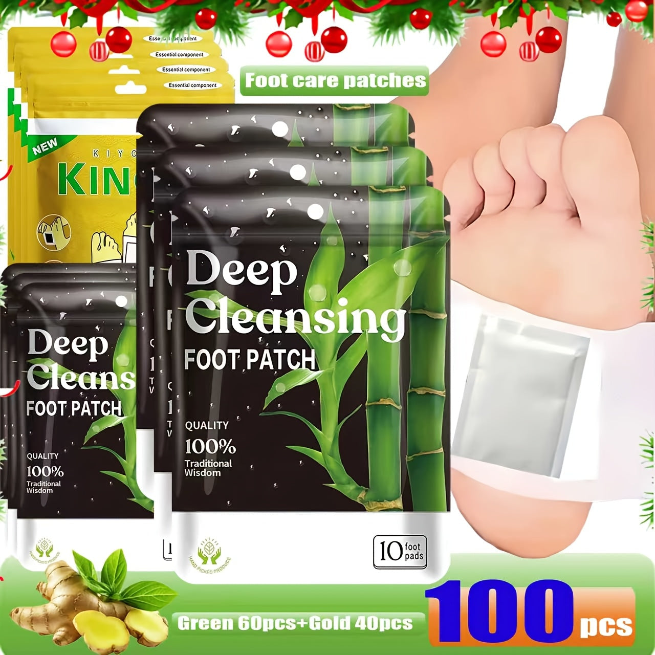 Foot Detox Pads 100pcs Overnight Bamboo Vinegar & Ginger Powder — Deep Cleansing Alcohol-Free Natural Plant Patches, Moisturizing Foot Care for Women, Winter Wellness & Daily Use Gift
