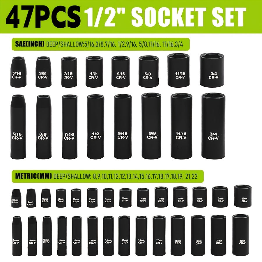 34pcs Impact Socket Set with 1/2" Drive Or 53pcs Tool Set Or 47pcs Impact Socket Set with 3/8" Drive, SAE (5/16" to 3/4") And Metric (8 to 22mm) Sizes, 6-point Design, Including Ratchet Handle, Extension Rod And Connector, Cr-V