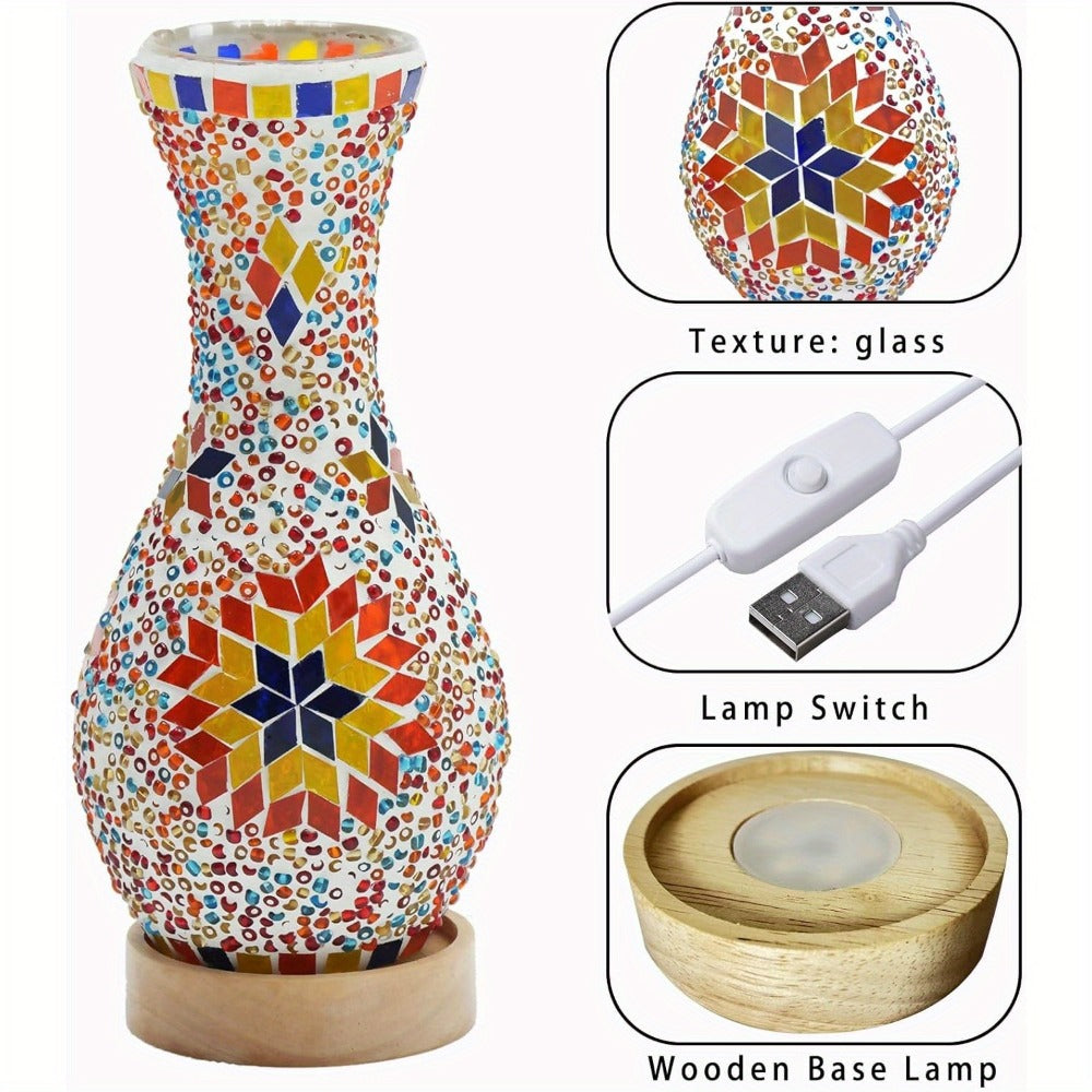 Mosaic Vase Lamp Turkish Moroccan Handmade Colorful Glass Table Lamp with Wooden Base – USB Plug-In Boho Night Light, Flower Vase Lamp for Bedroom Living Room Decor, Bohemian Mosaic Desk Lamp Gift
