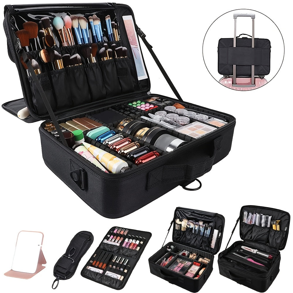 Professional Makeup Train Case 3-Layer 15.8 Inch Large Cosmetic Organizer with Adjustable Dividers Brush Holder Shoulder Strap for Makeup Artist Travel Studio Black