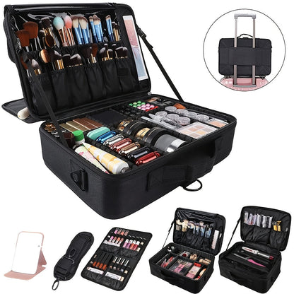 Professional Makeup Train Case 3-Layer 15.8 Inch Large Cosmetic Organizer with Adjustable Dividers Brush Holder Shoulder Strap for Makeup Artist Travel Studio Black