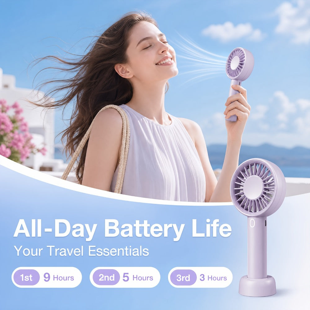 Portable Handheld Fan 16-Hour Battery Life | Air Turbo Tech 3-Speed USB Rechargeable Personal Cooling Fan for Outdoor Activities, Travel & Work – Upgraded Purple, White & Mini Light Blue