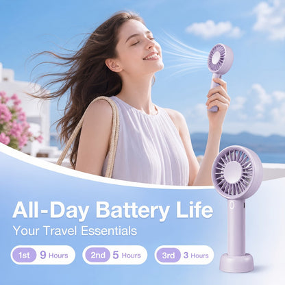 Portable Handheld Fan 16-Hour Battery Life | Air Turbo Tech 3-Speed USB Rechargeable Personal Cooling Fan for Outdoor Activities, Travel & Work – Upgraded Purple, White & Mini Light Blue