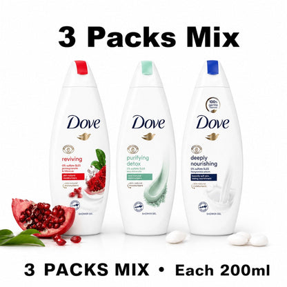 Dove Body Wash 3 Pack 200ml – Moisturizing Gentle Cleanser Mix Pack, Soap-Free Dermatologist Recommended Daily Shower Gel for Soft Nourished Skin, Travel Size 6.7 fl oz