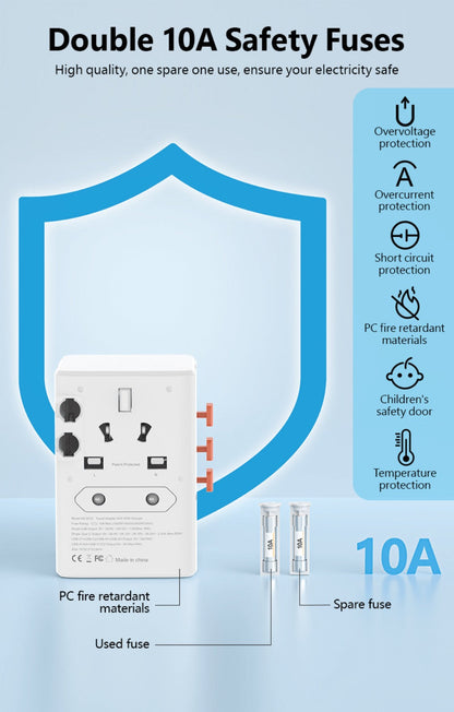 65W Universal Travel Adapter with 4 USB Ports - 2 USB-C & 2 USB-A Fast Charging, US EU UK AU Plugs, 100-240V Input, Overload & Short Circuit Protection, 200+ Countries, White & Black