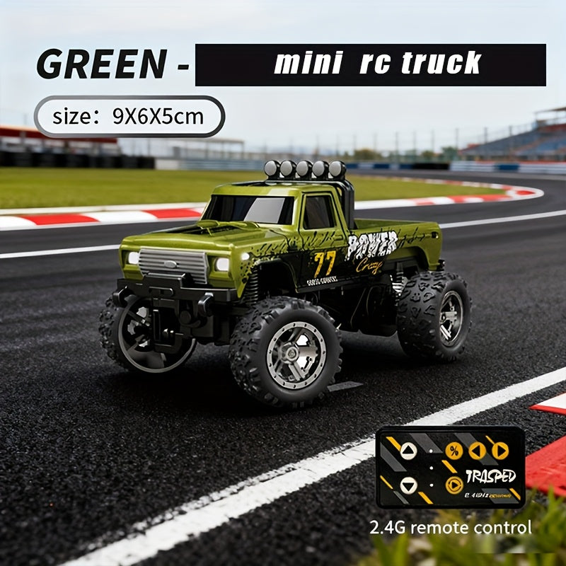 Mini RC Truck 1:64 Scale with Trailer – 2.4GHz Alloy Remote Control Monster Off-Road Pickup with LED Body Lights & Headlights, Rock Crawler Toy for Boys, Birthday Christmas Gift Green Gray Blue