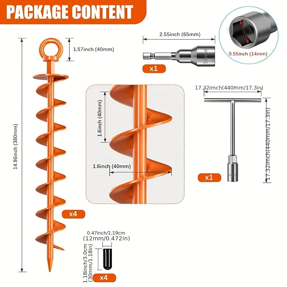 Heavy-Duty Spiral Earth Anchors 15", 4-Pack – Orange