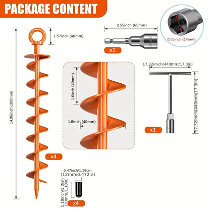 Heavy-Duty Spiral Earth Anchors 15", 4-Pack – Orange