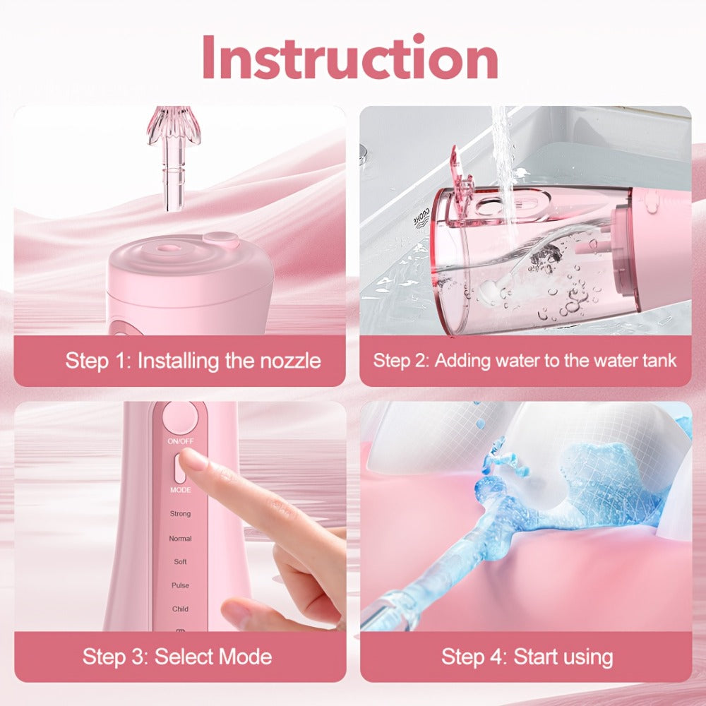 Cordless Water Flosser Oral Irrigator 5 Modes — 6 Interchangeable Tips, IPX7 Waterproof, 350ml Tank, Rechargeable, Ideal for Braces, Bridges & Implants, Home & Travel Teeth Cleaning