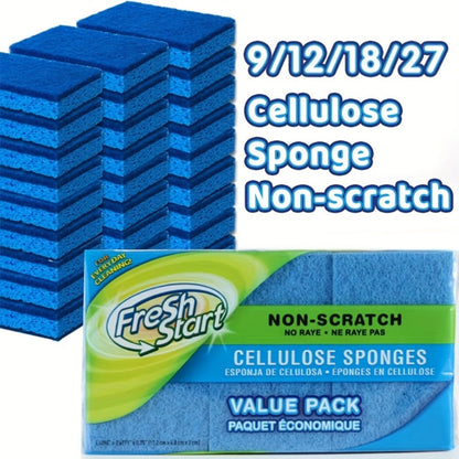 Non-Scratch Cellulose Sponge Dual-Sided with Tough Scouring Pad – Dishwashing Sponges for Kitchen, Dishes & Bathroom, Absorbent & Durable, Green or Blue, 9/12/18/27 Pack Value Sets
