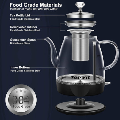 Pour Over Glass Electric Kettle with Removable Stainless Steel Tea Infuser – 1L 33.81oz BPA-Free Dual-Purpose Hot Water Kettle for Tea & Coffee, Auto Shut-Off & Boil-Dry Protection, Elegant Countertop Design
