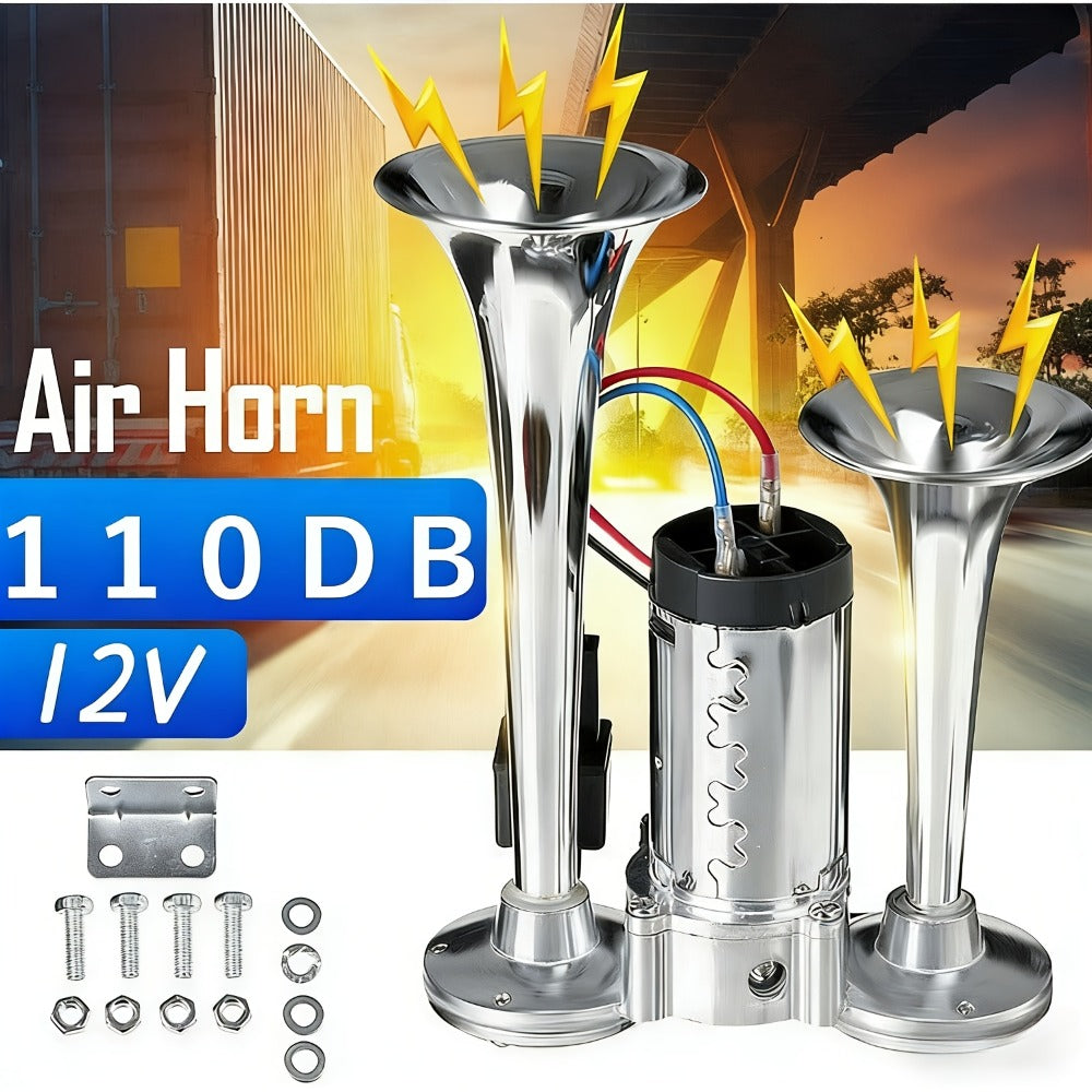 Dual Trumpet Air Horn Kit 12V 110dB – Super Loud Electric Horn with Compressor, Chrome Zinc-Alloy, Universal Fit for Car Truck SUV Boat Train Van Motorcycle Off-Road