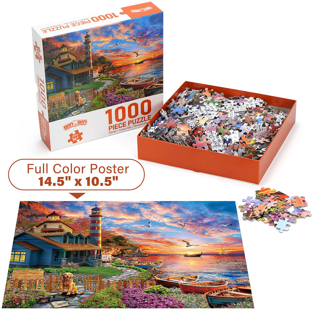 1000 Piece Jigsaw Puzzles for Adults 3 Pack – Sunset Lighthouse, Bird Crochet & Moroccan Pottery Set, Precision-Cut Brain Teaser Family Puzzle, Birthday Christmas Gift for Women Men Puzzle Lovers