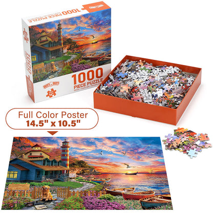 1000 Piece Jigsaw Puzzles for Adults 3 Pack – Sunset Lighthouse, Bird Crochet & Moroccan Pottery Set, Precision-Cut Brain Teaser Family Puzzle, Birthday Christmas Gift for Women Men Puzzle Lovers