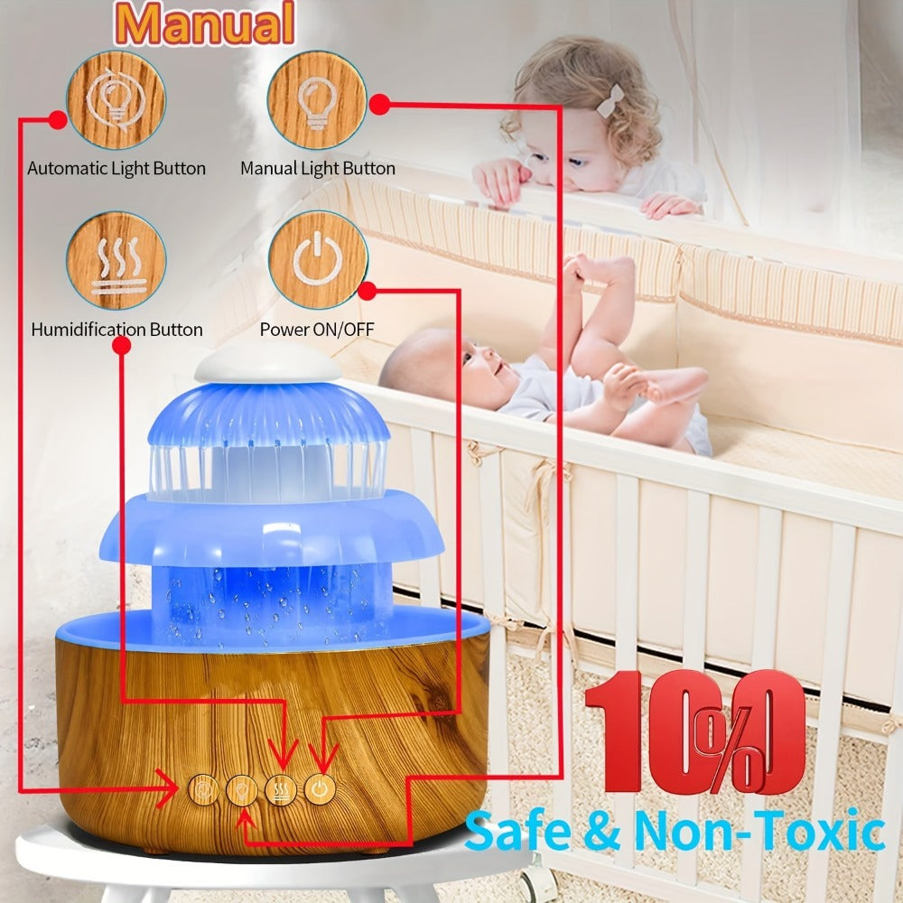 Cool Mist Humidifier with Raining Sound & 8-Color Night Light – 10-Hour Runtime, Essential Oil Diffuser, Air Humidifier for Bedroom, Home & Office, White Noise Sleep Aid, Ambient Mood Light, White