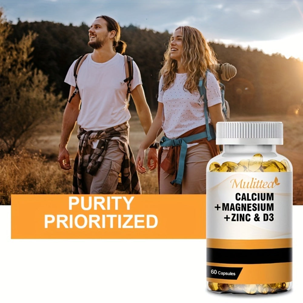 Calcium Magnesium Zinc & Vitamin D3 Capsules — 4-in-1 Synergistic Bone Strength Muscle & Immune Support | Daily Mineral Vitamin Complex for Women & Men | 120 Capsules | 2-Bottle Value Pack