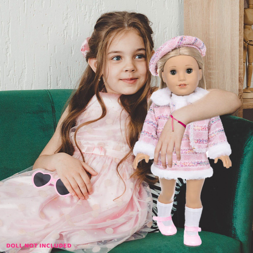 18 Inch Doll Knitted Clothes Outfit Set with Hat Jacket Skirt Shoes Socks Sunglasses Lipstick – Complete Baby Doll Accessories for 16-18 Inch Dolls Playing House Gift for Girls Birthday Christmas