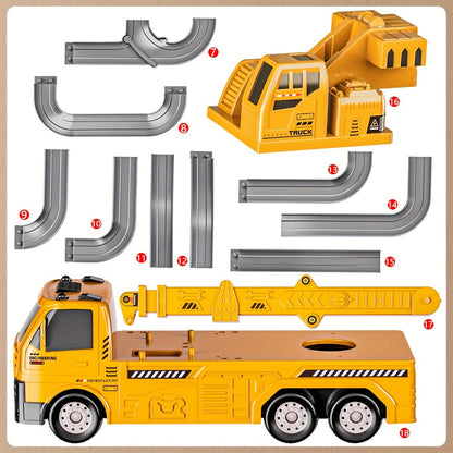 3-in-1 Crane Excavator & Racing Track Toy Set for Kids Ages 3+ – Construction Vehicle Playset with Lights & Sounds, 8 Cars Included, STEM Birthday Christmas Gift for Boys Toddlers